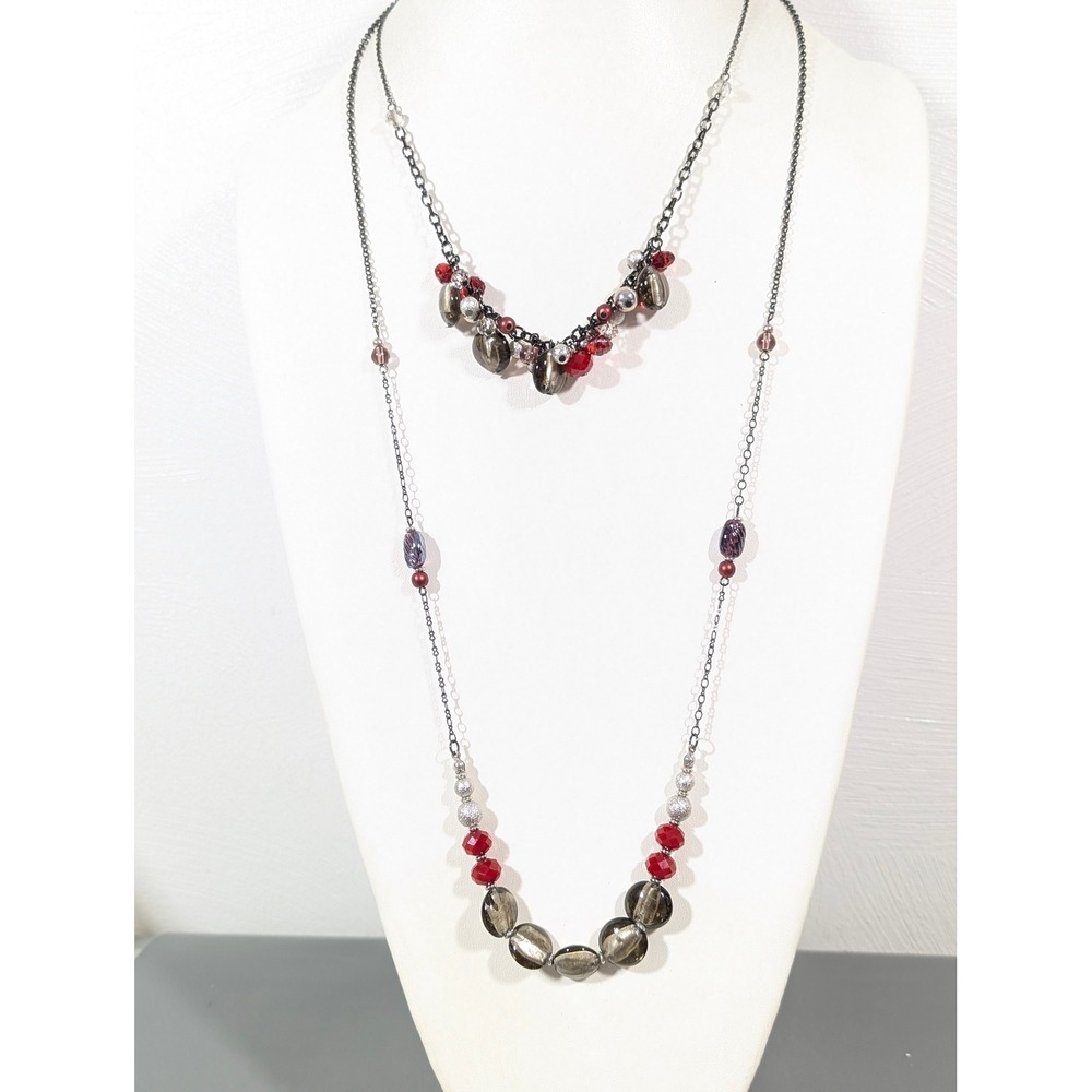 Convertible 2-in-1 Layered Necklace Red‎ Gray Glass 22.5" and 33"